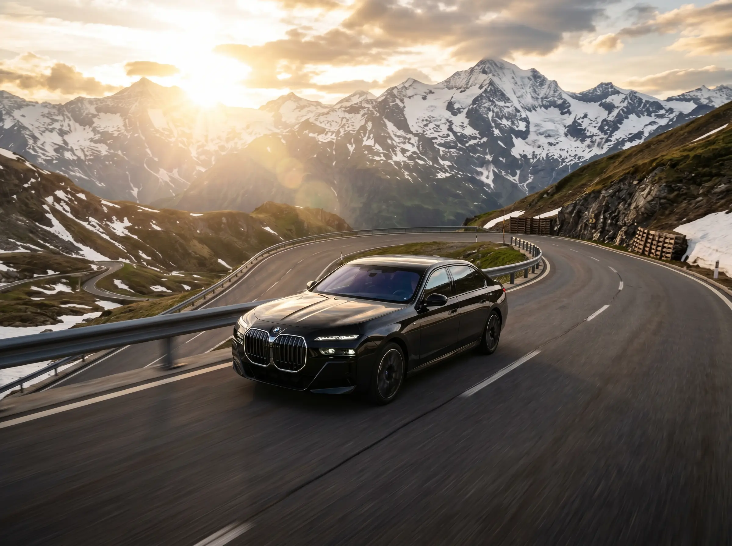 BMW 7er faehrt auf Alpenpassstrasse bei Sonnenuntergang