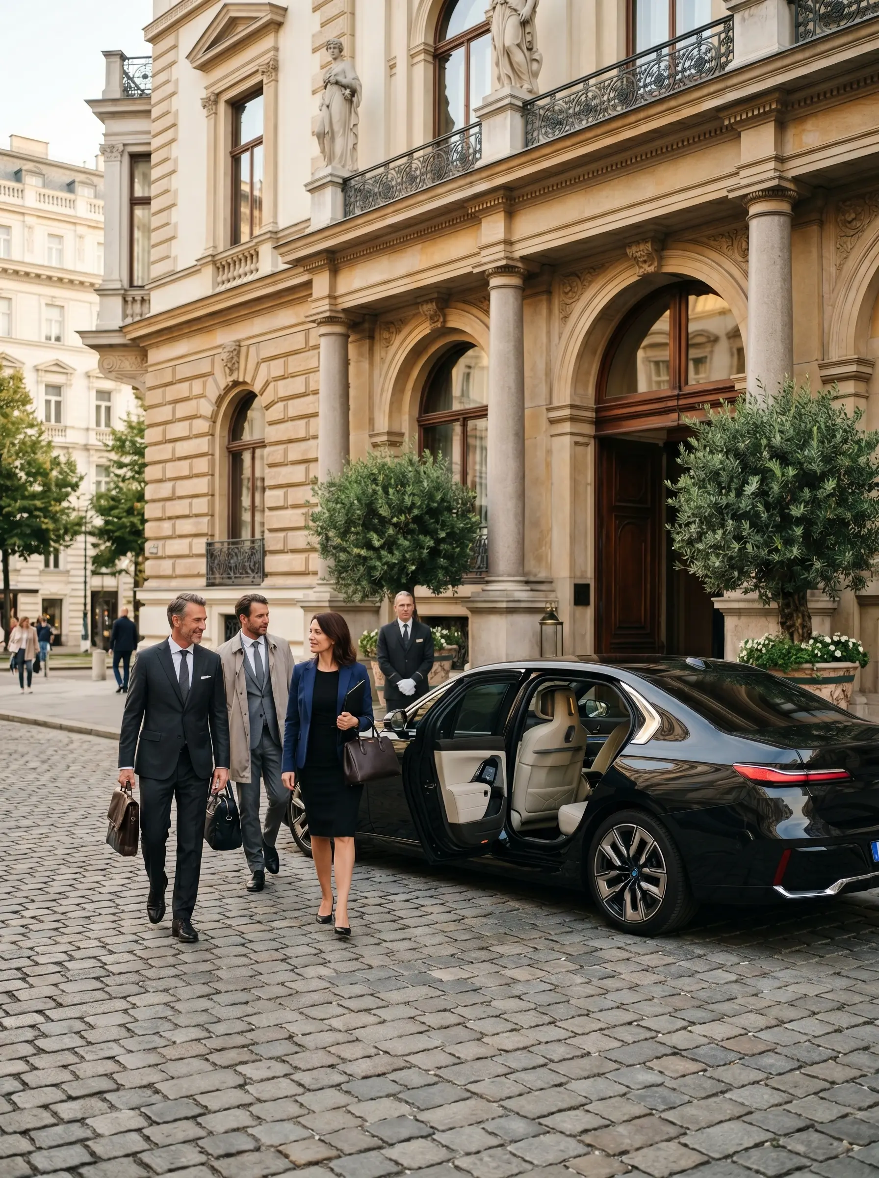 Geschaeftsleute steigen in BMW 7er vor Wiener Hotel ein