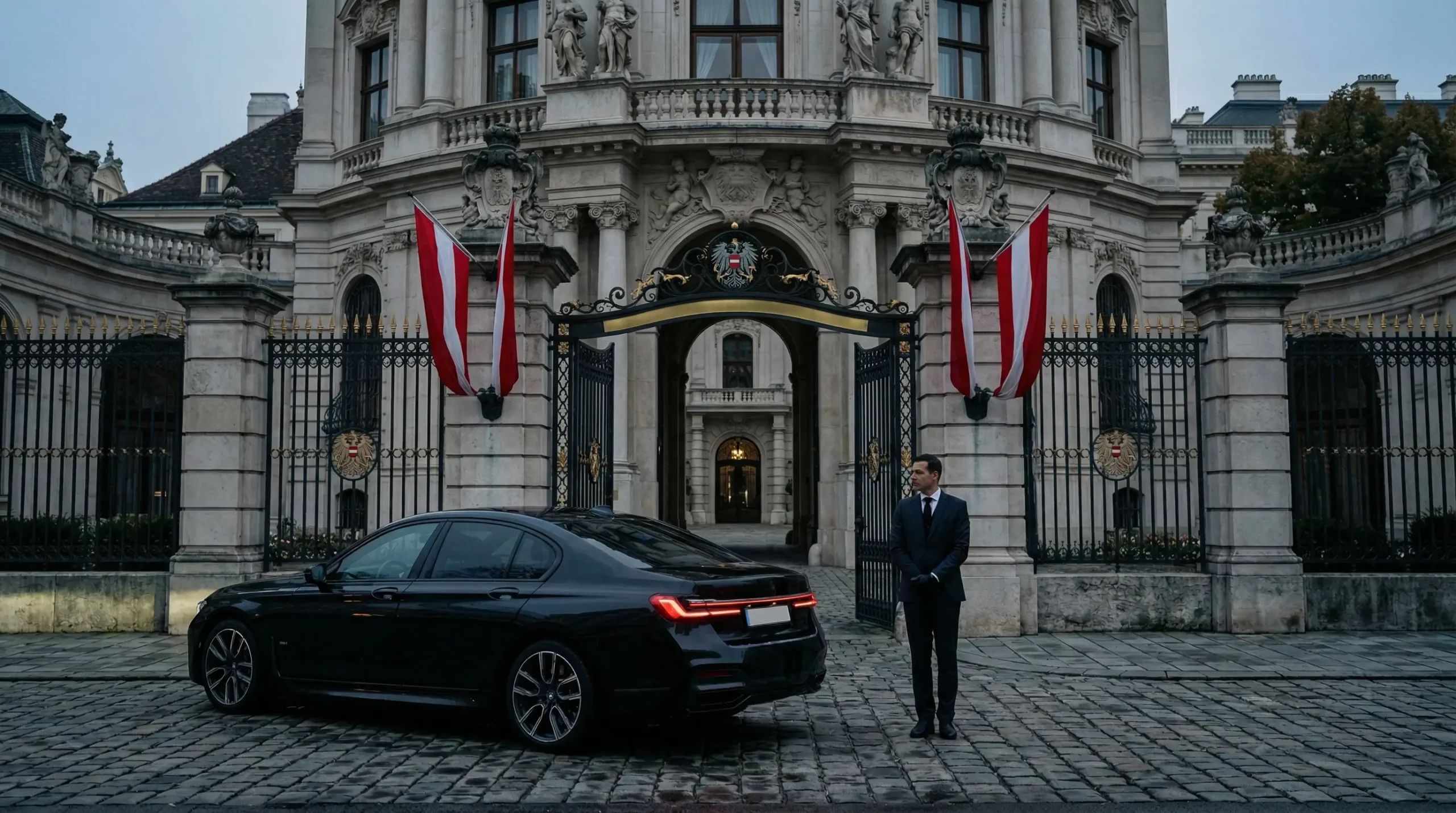 Chauffeur wartet neben BMW 7er vor oesterreichischem Regierungsgebaeude