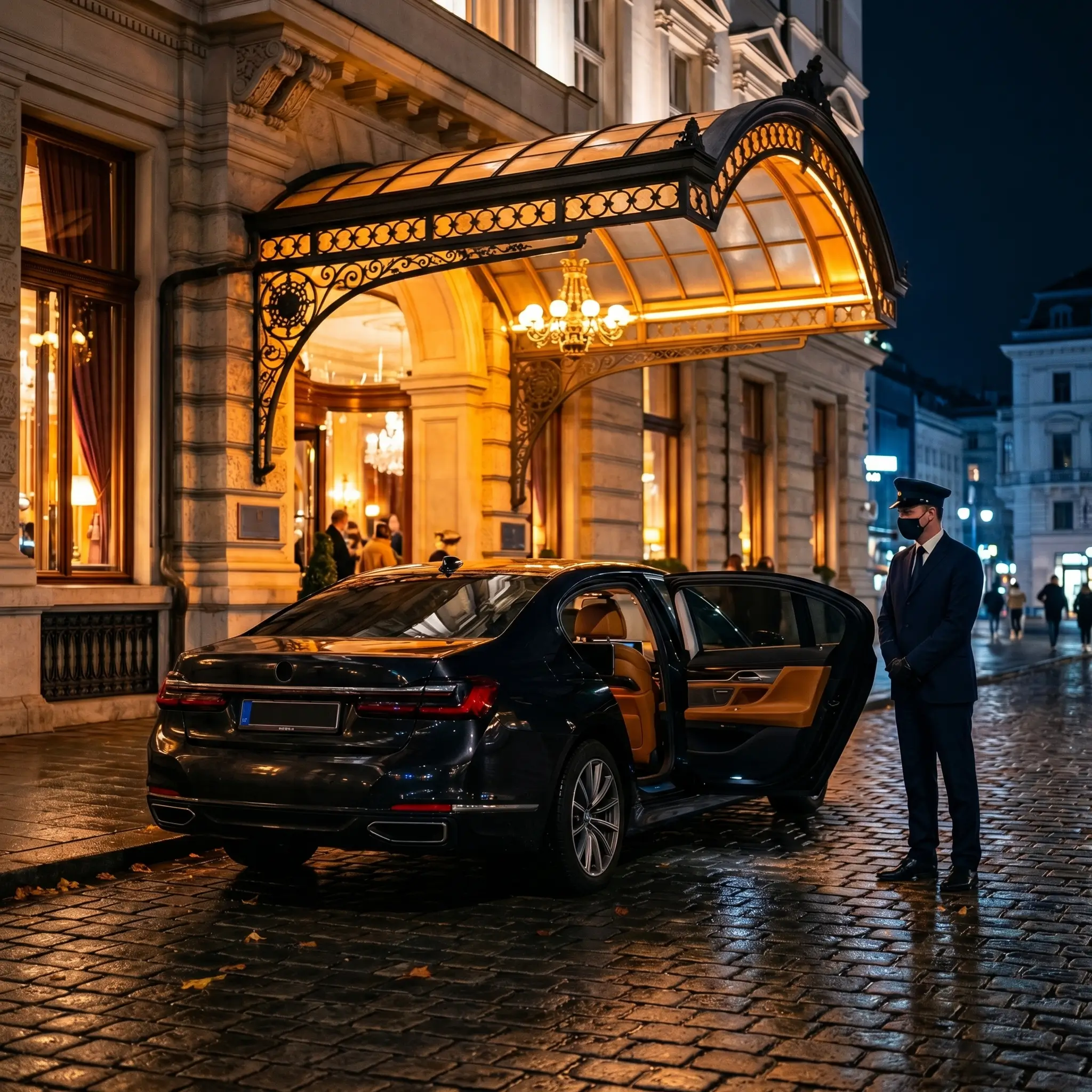 Chauffeur wartet neben offenem BMW 7er vor Wiener Luxushotel
