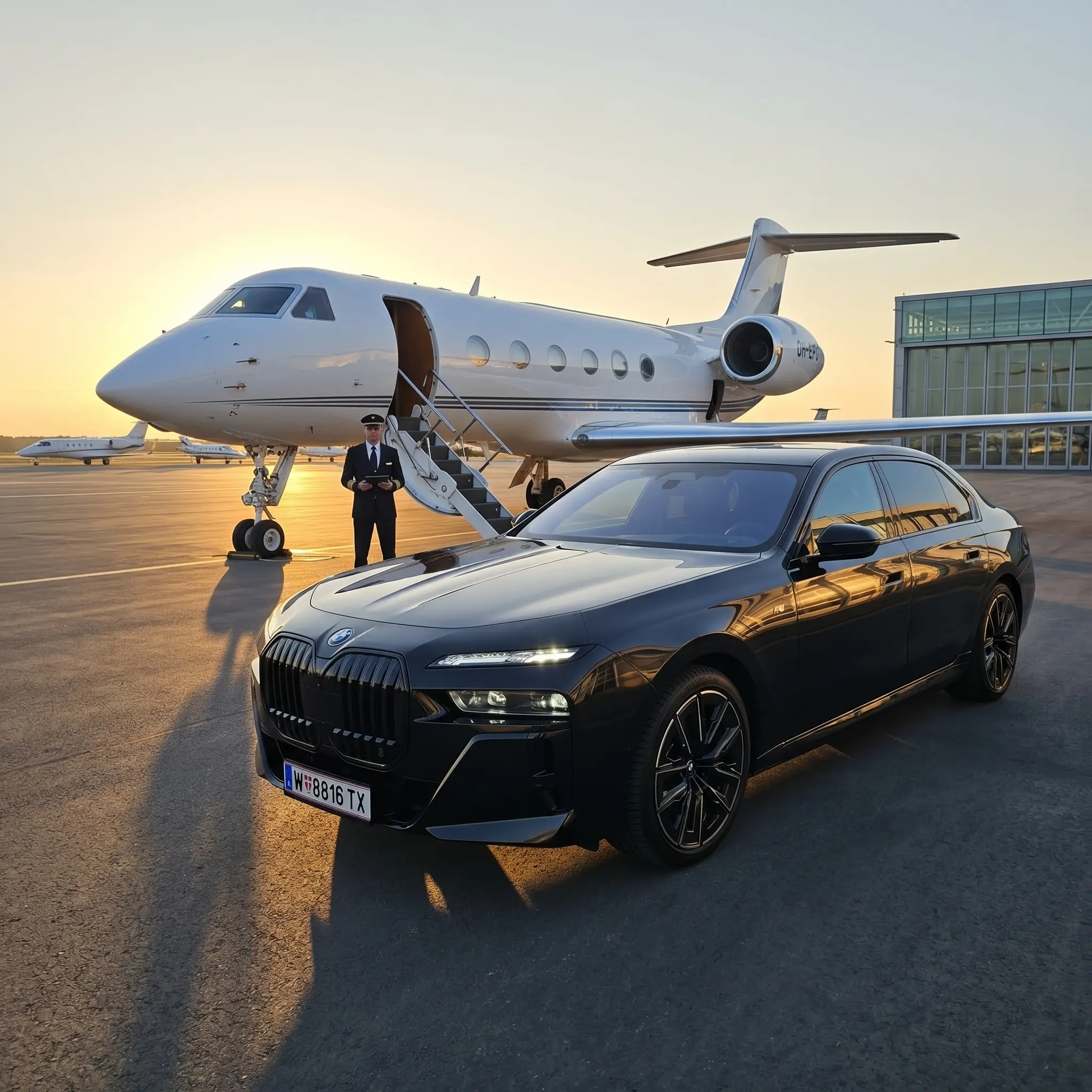 BMW 7er neben Privatjet auf Flughafenvorfeld bei Sonnenaufgang