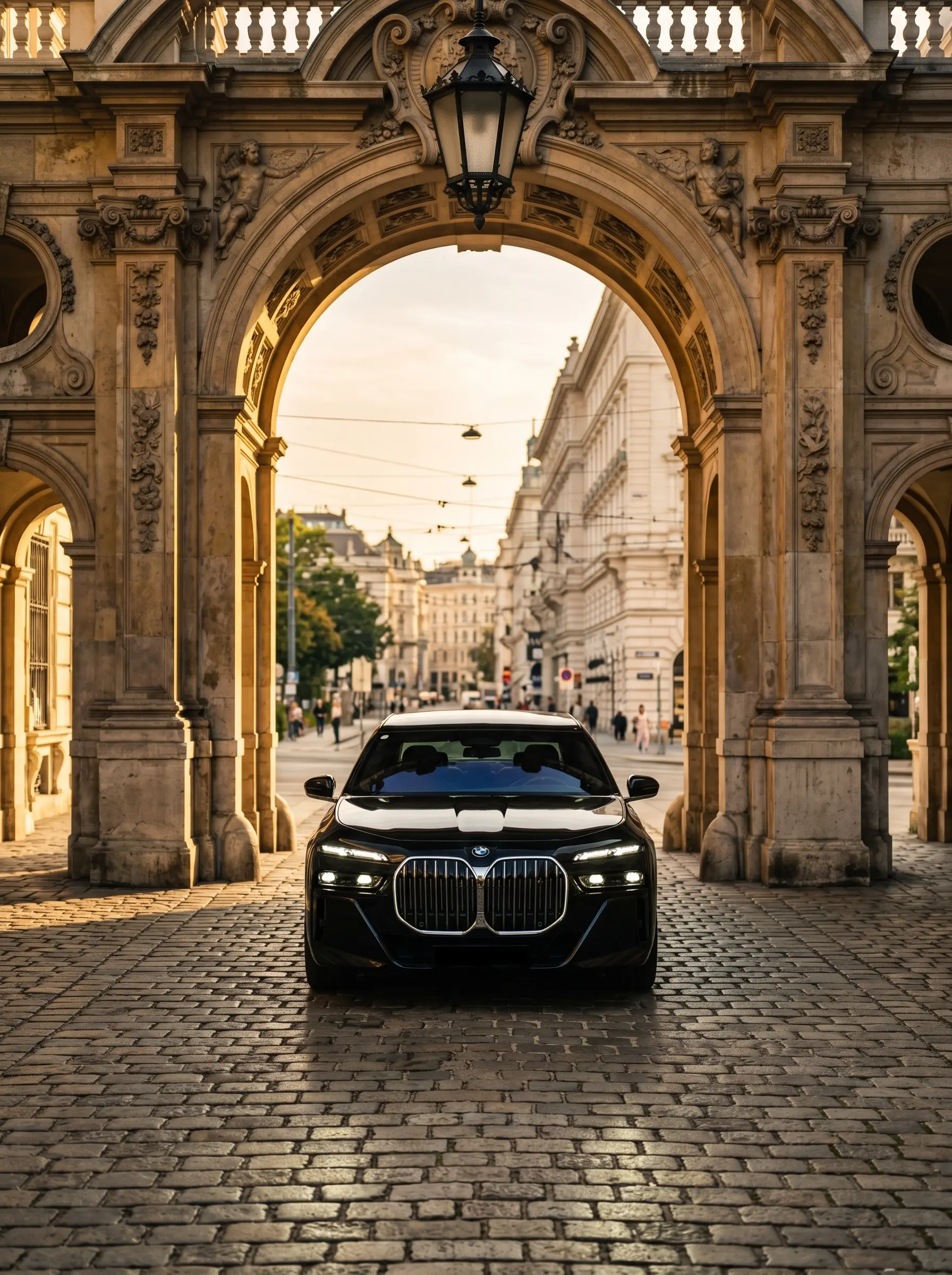 BMW 7er faehrt durch barocken Torbogen in Wien