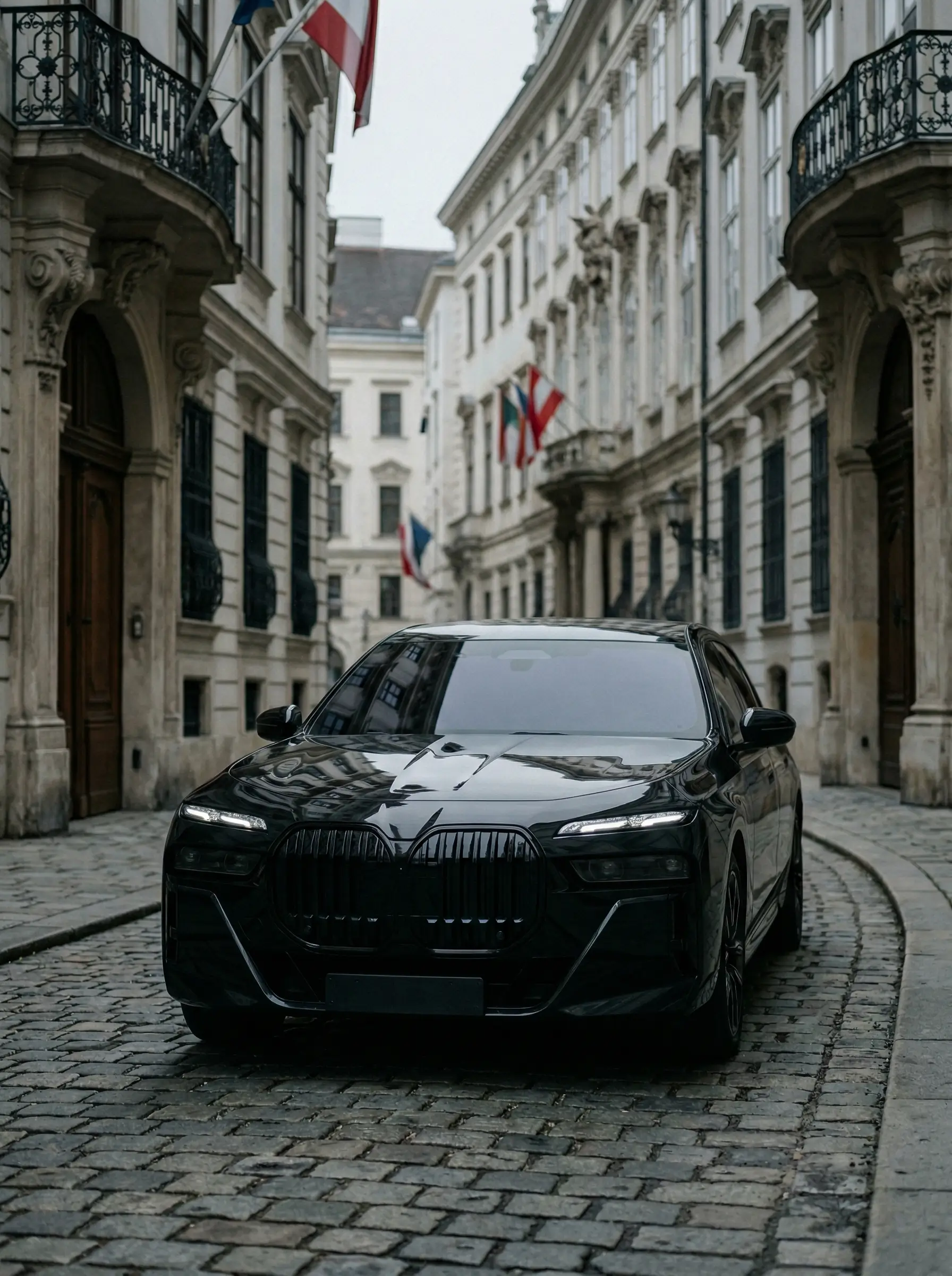 BMW 7er frontal in enger Wiener Gasse mit Flaggen