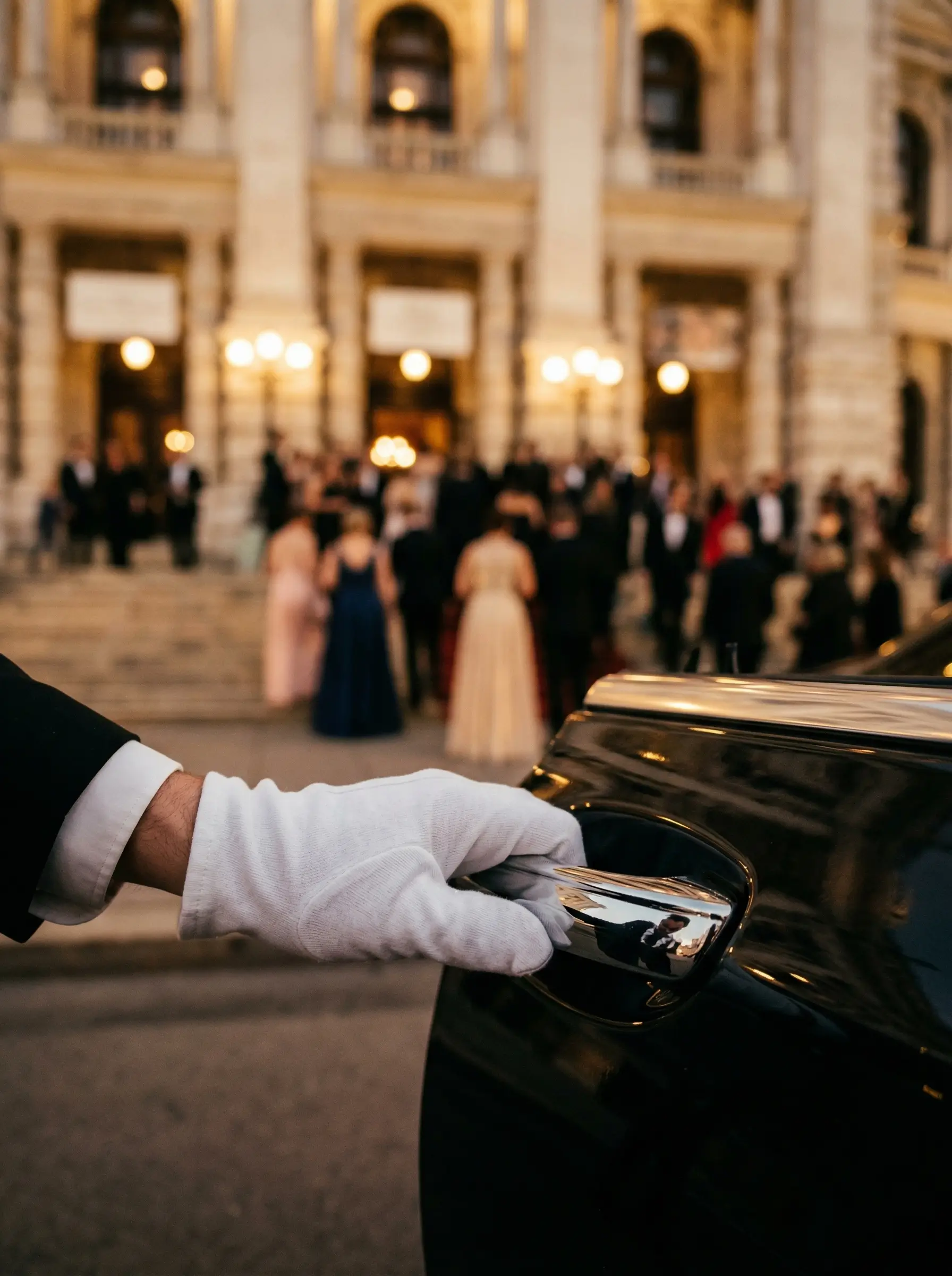Chauffeur mit weissem Handschuh oeffnet Limousine bei Ballnacht
