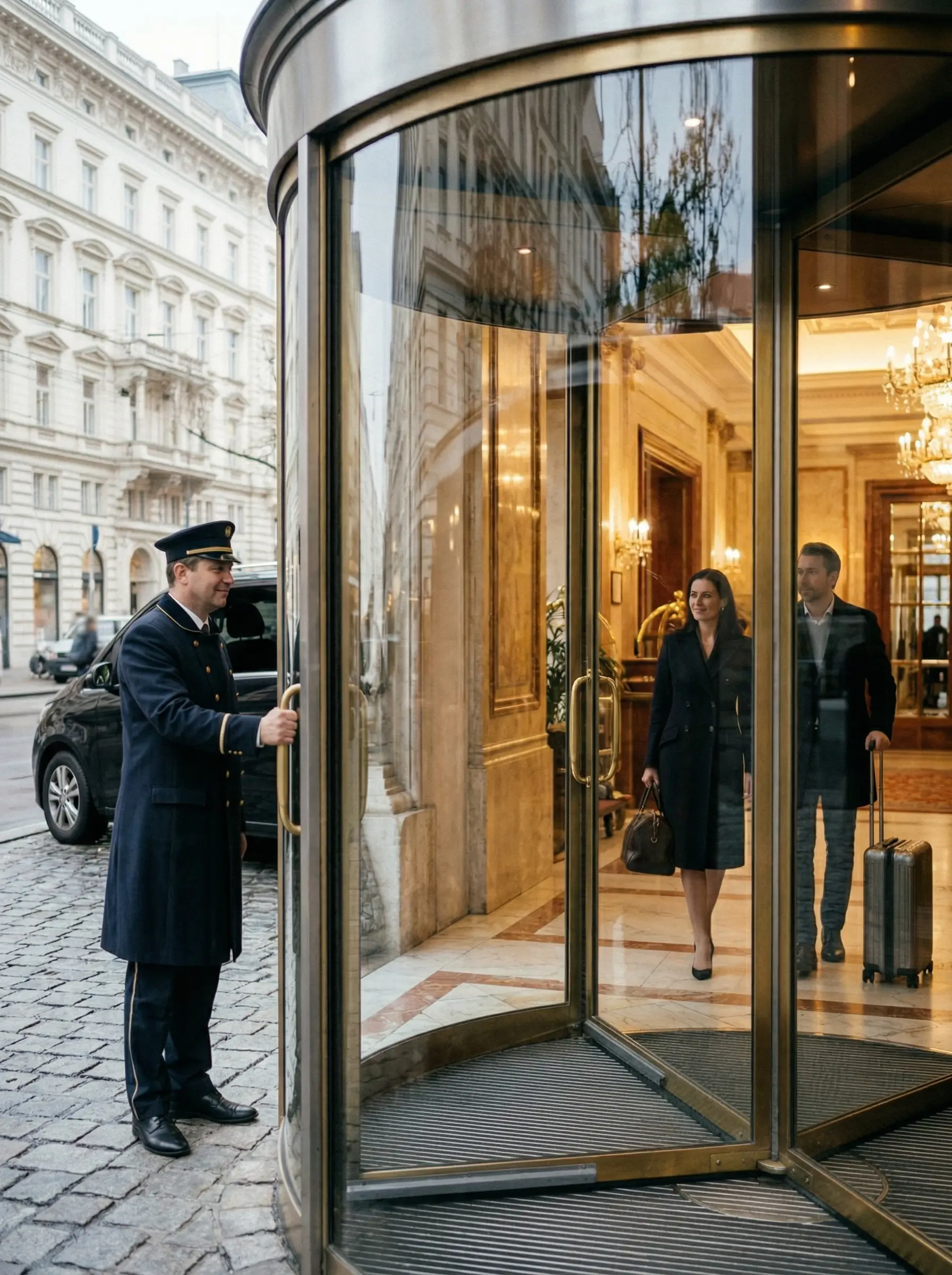 Chauffeur oeffnet Hoteldrehtuer fuer abreisende Gaeste in Wien