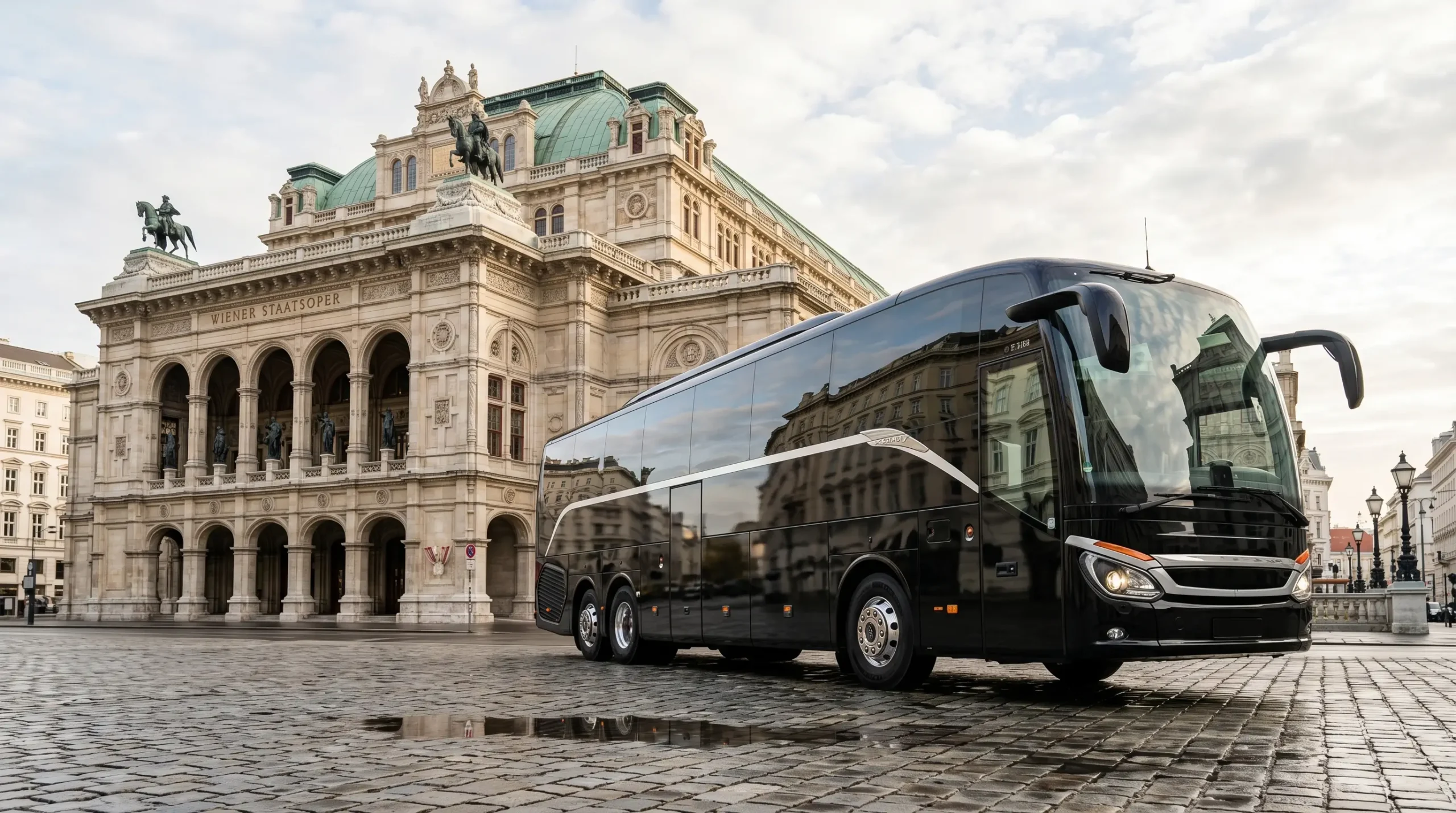 Schwarzer Reisebus vor der Wiener Staatsoper