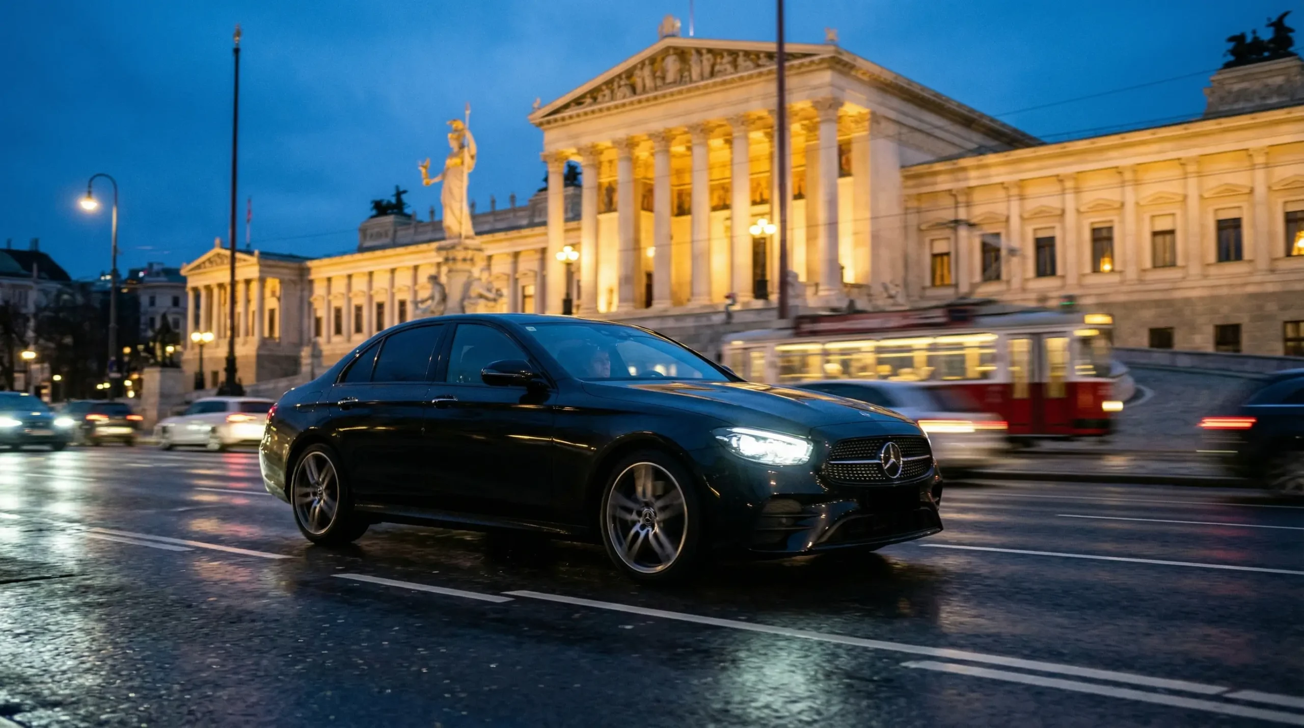 Mercedes E-Klasse faehrt nachts am Wiener Parlament vorbei