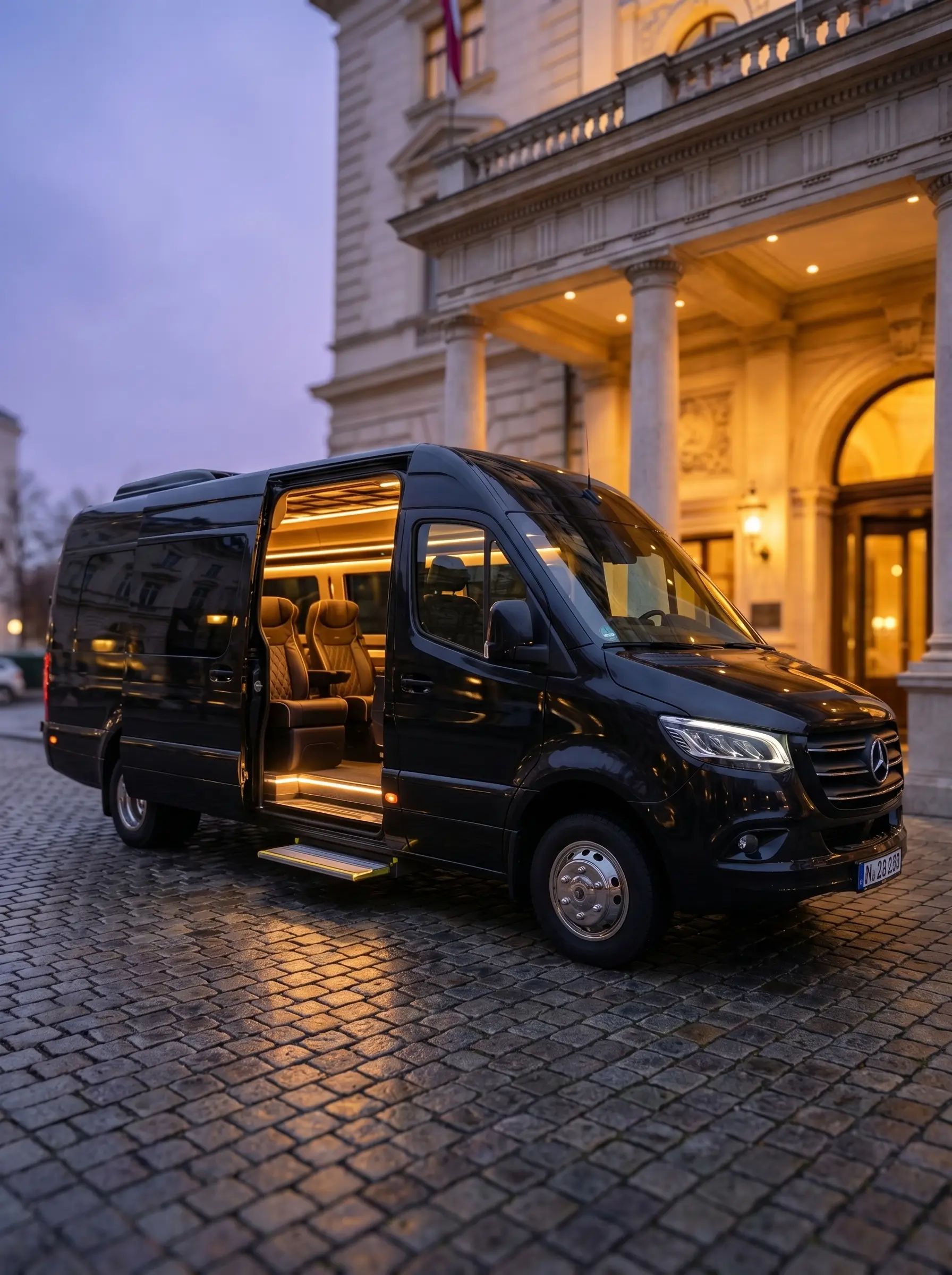 Schwarzer Mercedes Sprinter VIP offen vor Wiener Hotel bei Nacht