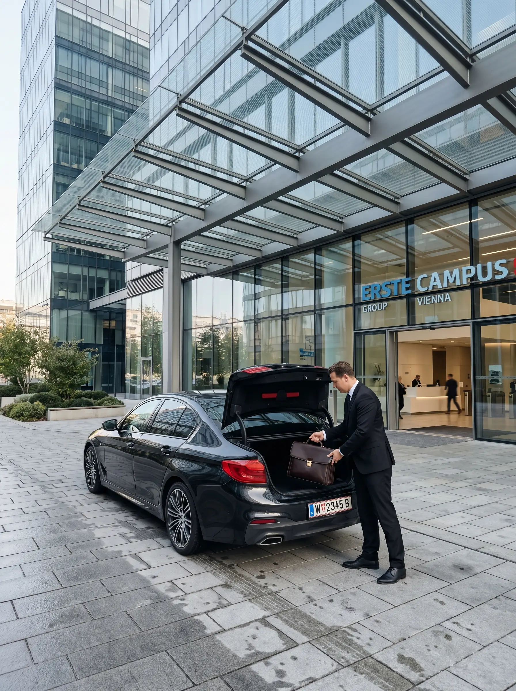Chauffeur lädt Aktentasche in BMW 5er vor Bürogebäude
