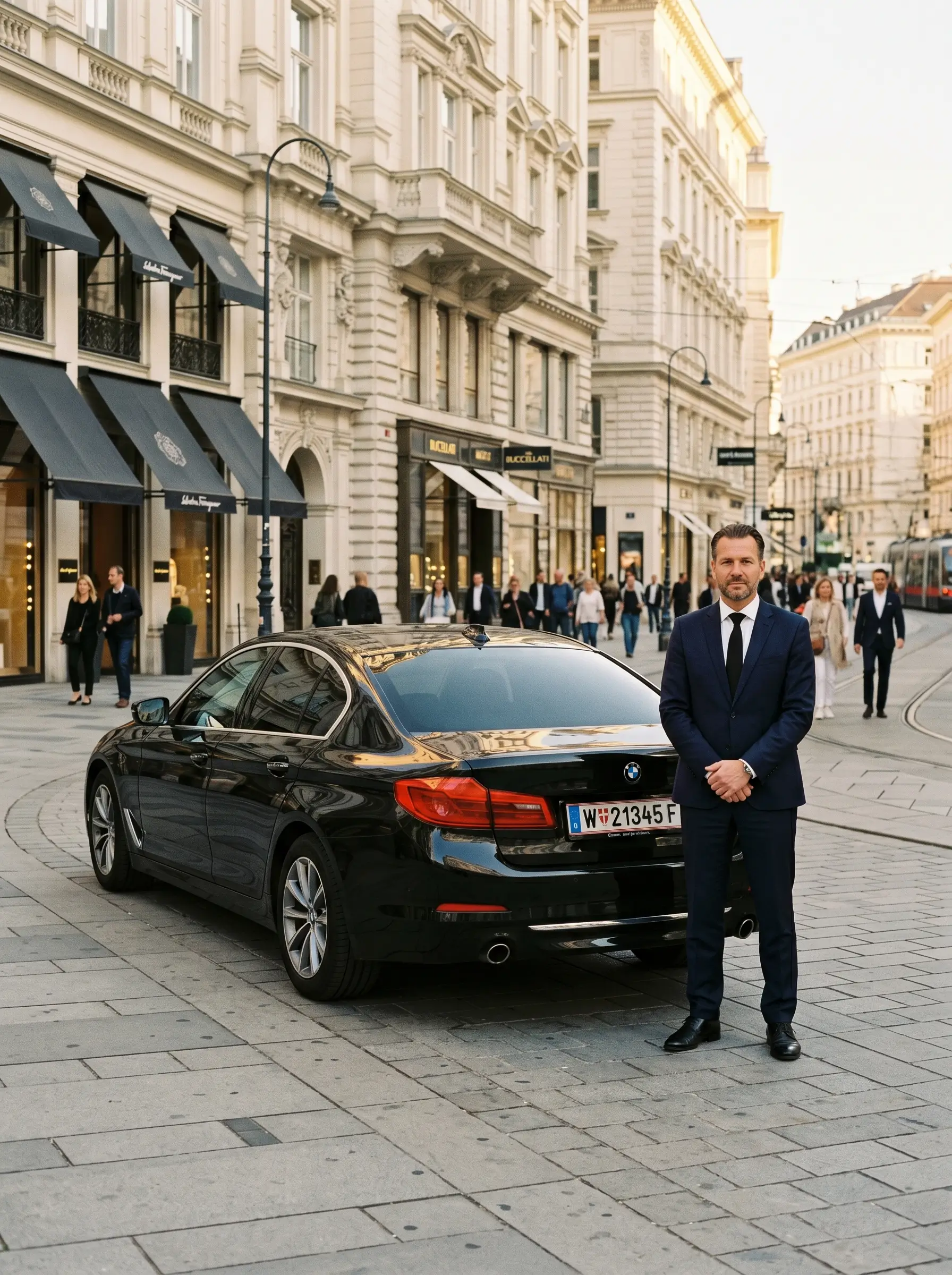 Chauffeur im Anzug neben BMW 5er, Wien Innenstadt