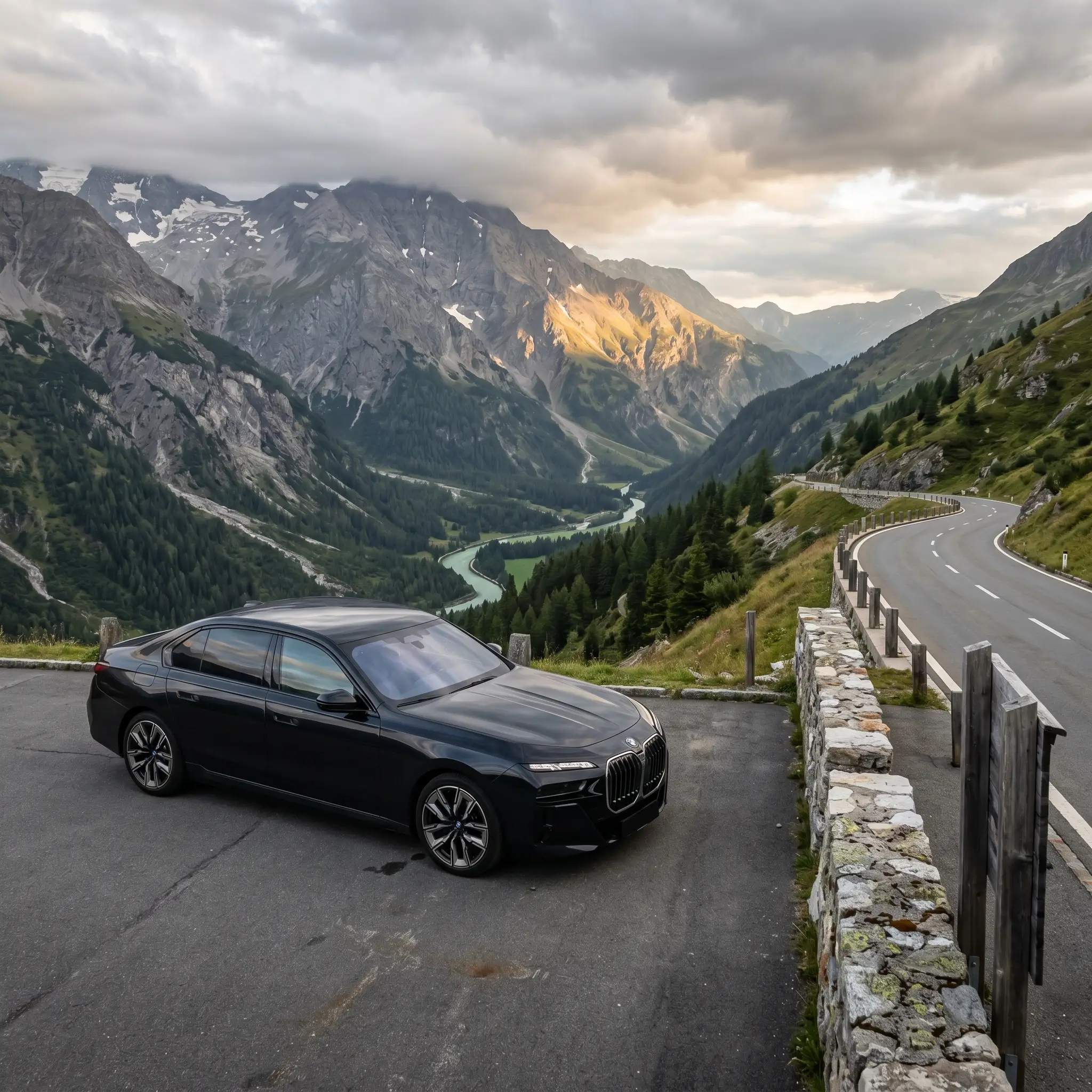 Schwarzer BMW 7er auf Alpenpassstrasse mit Talblick