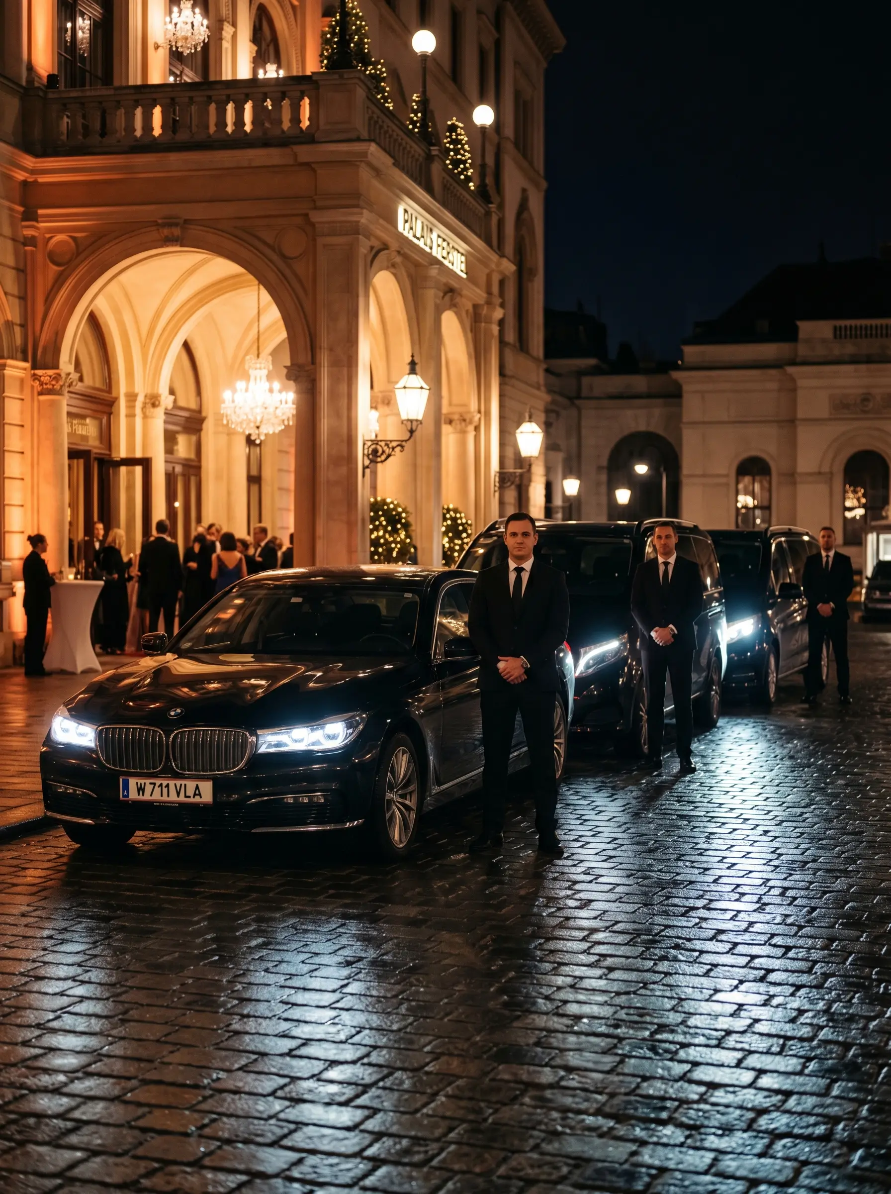 Drei Chauffeure mit BMW-Flotte vor Wiener Palais bei Nacht