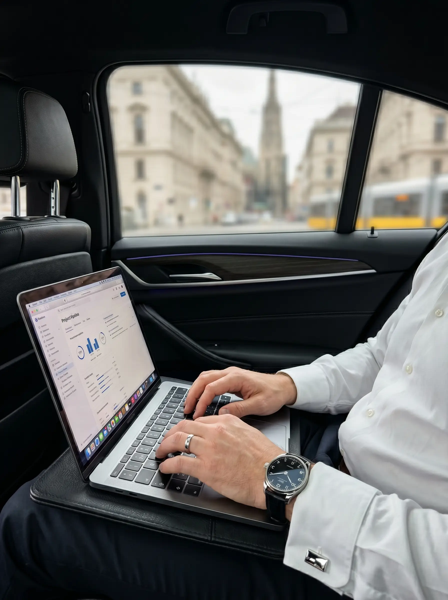 Geschäftsmann arbeitet am Laptop im Fond einer Limousine