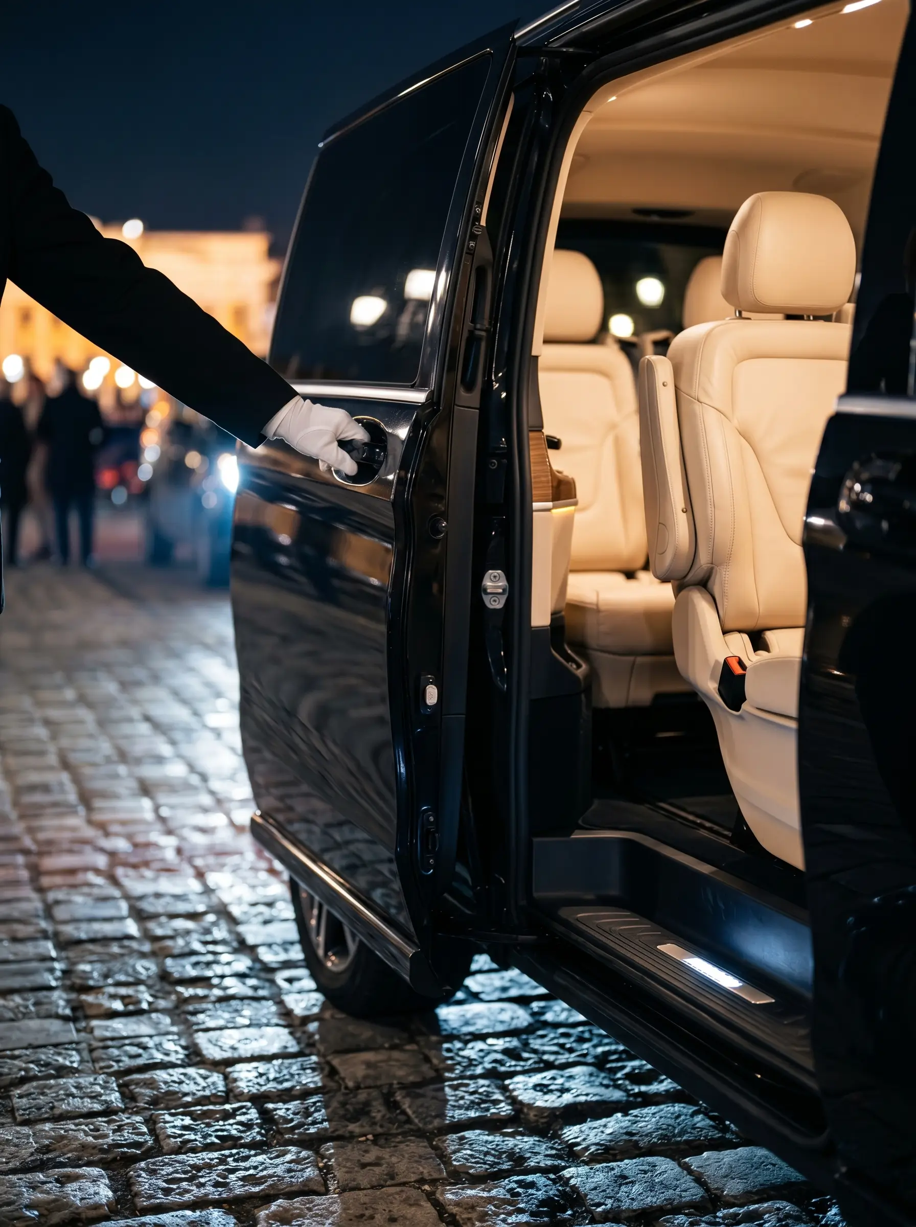 Chauffeur mit Handschuh öffnet Tür einer Mercedes V-Klasse nachts