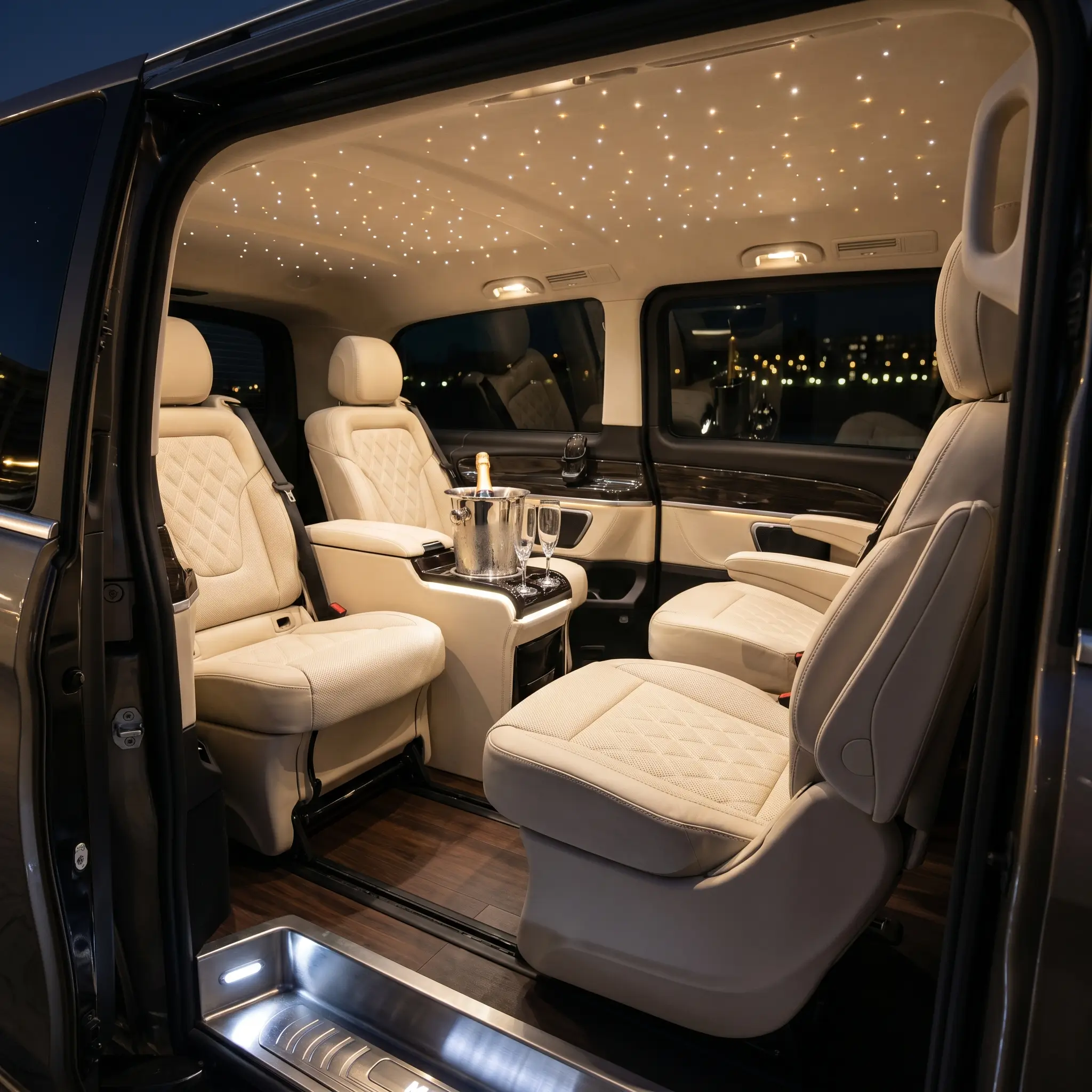 Mercedes V-Klasse Innenraum mit Sternenhimmel und Champagner